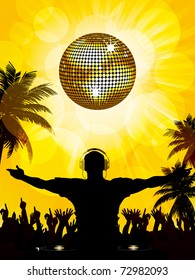 DJ wearing headphones and crowd in a tropical setting with disco ball and palm trees