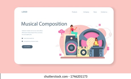 DJ web banner or landing page. Person standing at turntable mixer make music in club. Club music composer with headphones. Isolated flat vector illustration