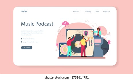 DJ web banner or landing page. Person standing at turntable mixer make music in club. Club music composer with headphones. Isolated flat vector illustration