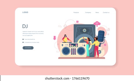 DJ web banner or landing page. Person standing at turntable mixer make music in club. Club music composer with headphones. Isolated flat vector illustration