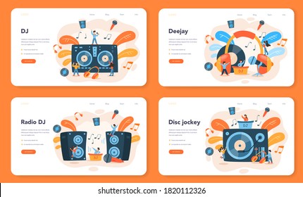 DJ web banner or landing page set. Person standing at turntable mixer make music in club or radio. Club music composer with headphones. Isolated flat vector illustration