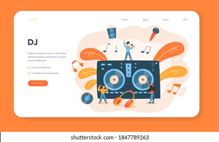 DJ web banner or landing page. Person standing at turntable mixer make music in club or radio. Club music composer with headphones. Isolated flat vector illustration