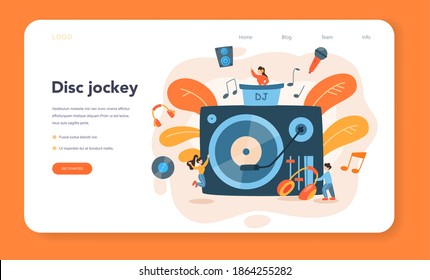 DJ web banner or landing page. Person standing at turntable mixer make music in club or radio. Club music composer with headphones. Isolated flat vector illustration