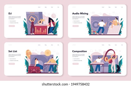 DJ web banner or landing page set. Person standing at turntable mixer make music