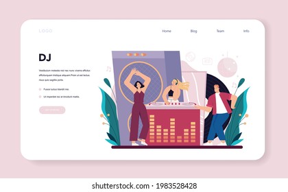 DJ web banner or landing page. Person standing at turntable mixer make music in club. Club music composer with headphones. Isolated flat vector illustration
