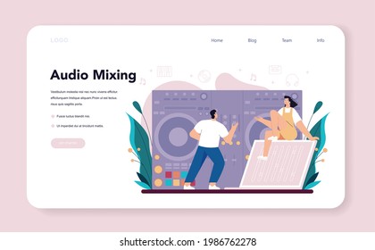 DJ web banner or landing page. Person standing at turntable mixer make music in club. Club music composer with headphones. Isolated flat vector illustration