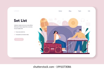 DJ web banner or landing page. Person standing at turntable mixer make music in club. Club music composer with headphones. Isolated flat vector illustration