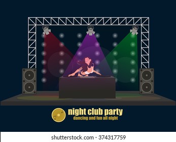 DJ Woman On The Stage Behind The Board. Vector Illustration.