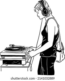 DJ Woman playing music on vinyl Hand drawn Line art Illustration