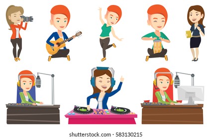 Dj working in front of microphone, computer and mixing console on radio. Caucasian female dj in headset working on a radio station. Set of vector flat design illustrations isolated on white background