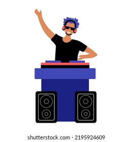 DJ. Young guy in dark glasses at the DJ console. Clipart invitations for website about music, parties, discos. Vector flat illustration, cartoon style.