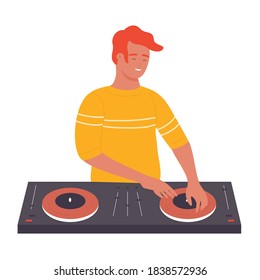 DJ young stylish man on musical party vector illustration. Cartoon flat male DJ character with turntable mixer making contemporary music in night club, spinning disc isolated on white background.
