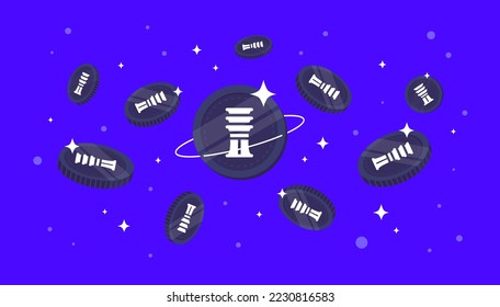 Djed coins falling from the sky. Djed cryptocurrency concept banner background.