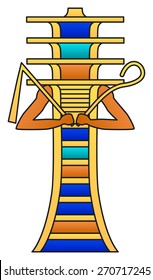 Djed pillar with crook and flail. Colored hieroglyph, ancient Egyptian mythology symbol, meaning stability. Associated with Osiris, god of afterlife, underworld and dead, also representing his spine.