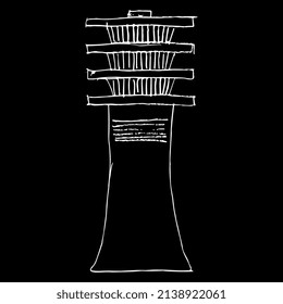 Djed sign. Ancient Egyptian sacred symbol. Hand drawn linear doodle rough sketch. White silhouette on black background.
