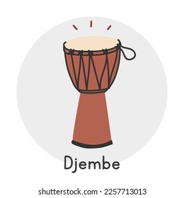 Djembe clipart cartoon style. Simple cute brown wooden Djembe West African percussion musical instrument flat vector illustration. Percussion instrument djembe hand drawn doodle. Djembe vector design