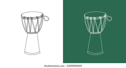 Djembe drawing cartoon style. Percussion instrument djembe clipart drawing in linear style isolated on white and chalkboard background. Musical instrument clipart concept, vector design