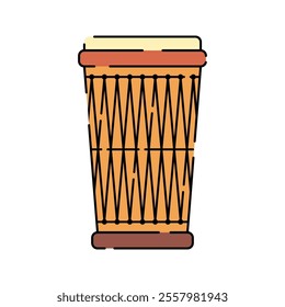 Djembe Drum Icon Illustration with bright color palette in flat design style. Perfect for vacation, travel, and summer themed designs.
