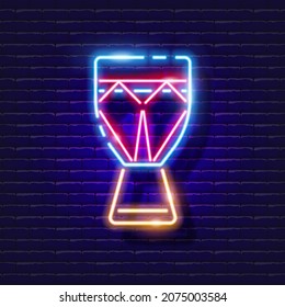 Djembe drum neon icon. Music glowing sign. Musical instrument concept. Vector illustration for Sound recording studio design, advertising, signboards, vocal studio