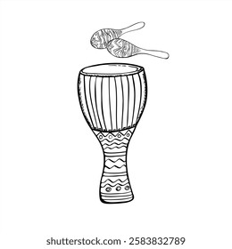 Djembe Trommel mit zwei farbigen Maraca Shaker Aquarell Illustration einzeln Hintergrund. Traditionelle lateinische und karibische Musikschlaginstrumente für Mardi Gras, mexikanische Grußkarte