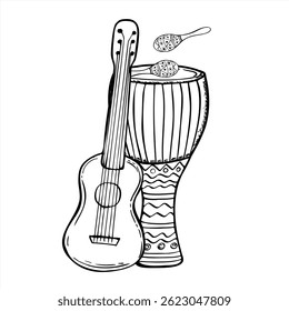Djembe drum, two maraca shakers, and guitar monochrome vector illustration. Traditional African and Latin music instruments. For festival posters, cultural event branding, music school materials.