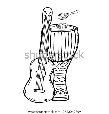 Djembe drum, two maraca shakers, and guitar monochrome vector illustration. Traditional African and Latin music instruments. For festival posters, cultural event branding, music school materials.