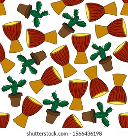 Djembe drums and cactuses in pots. Seamless pattern,  . Vector graphics.
