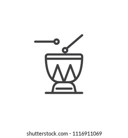 Djembe drums outline icon. linear style sign for mobile concept and web design. African drums and drumsticks simple line vector icon. Percussion symbol, logo illustration. Vector graphics