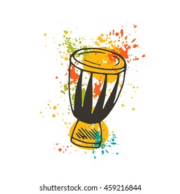 Djembe on the watercolor splash. Musical instrument. Hand drawn vector illustration. T-shirt, poster, banner, badge, sticker, placard, label, logo, emblem, icon, symbol, tag, mark