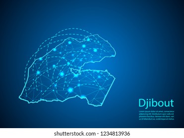 djibout map with nodes linked by lines. concept of global communication and business. Dark djibout map created from white dots with travel locations or internet connection.