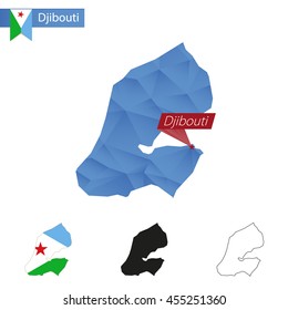 Djibouti blue Low Poly map with capital Djibouti, versions with flag, black and outline. Vector Illustration.