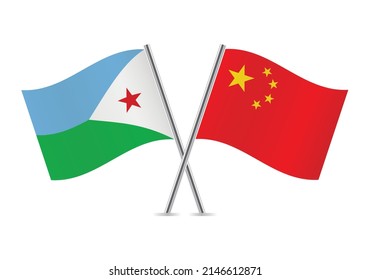 Djibouti and China crossed flags on white background. The Republic of Djibouti and Chinese flags. Vector illustration.