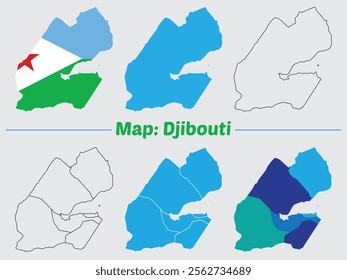 Djibouti country map set. internal provinces borders marked, Simple map of Djibouti vector drawing, Filled and outline.