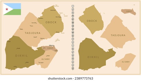 Djibouti - detailed map of the country in brown colors, divided into regions. Vector illustration