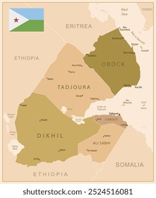 Djibouti - detailed map of the country in brown colors, divided into regions. Vector illustration
