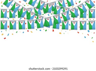 Djibouti flag garland white background with confetti, Hang bunting for Djibouti Independence Day celebration template banner, Vector illustration svg