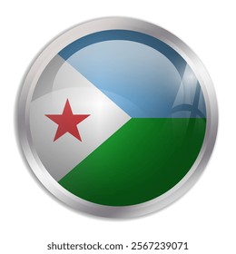 Djibouti flag - glossy circle button displays a colorful flag representing a country cultural identity and heritage. The essence of national pride and unity.