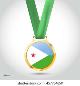 Djibouti Flag in gold Medal. Vector Illustration. RIO Olympic Game gold Medal. Vector Illustration