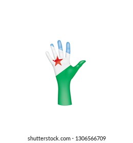 Djibouti flag and hand on white background. Vector illustration