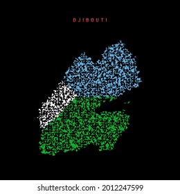 Djibouti flag map, chaotic particles pattern in the colors of the Djiboutian flag. Vector illustration isolated on black background.