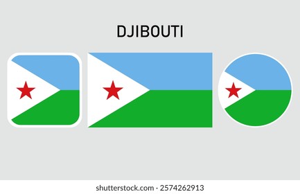 djibouti flag set of icons. A set of flags in square, rectangular and round shapes. Flag icon. Standard colors. Vector illustration.