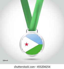 Djibouti Flag in Silver Medal. Vector Illustration. RIO Olympic Game silver Medal. Vector Illustration