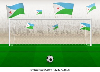 Djibouti football team fans with flags of Djibouti cheering on stadium, penalty kick concept in a soccer match. Sports vector illustration.