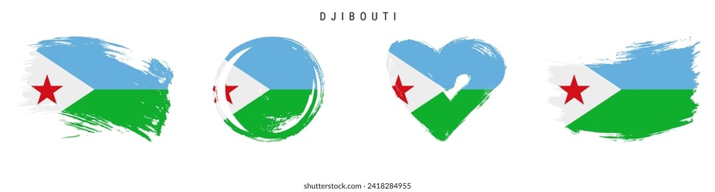 Djibouti hand drawn grunge style flag icon set. Djiboutian banner in official colors. Free brush stroke shape, circle and heart-shaped. Flat vector illustration isolated on white. svg