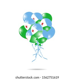 Djibouti Happy National Day greeting card. balloons flag of Djibouti with ribbon isolated on white background. Template for poster, banner, flyer, invitation, brochure, card, cover
