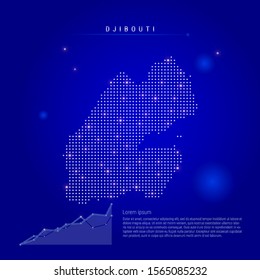 Djibouti illuminated map with glowing dots. Infographics elements. Dark blue space background. Vector illustration. Growing chart, lorem ipsum text.