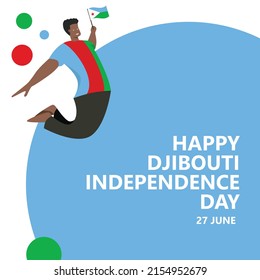 Djibouti independence day vector illustration with a man jumping and holding the national flag. African country public holiday celebrated annually on 27 June.