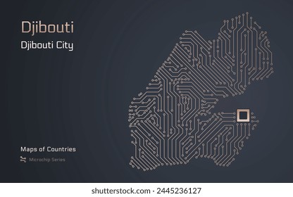 Djibouti Map with a capital of Djibouti City Shown in a Microchip Pattern with processor. E-government. World Countries vector maps. Microchip Series	