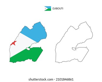Djibouti map city vector divided by outline simplicity style. Have 2 versions, black thin line version and color of country flag version. Both map were on the white background.