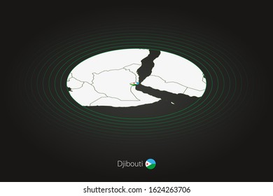 Djibouti map in dark color, oval map with neighboring countries. Vector map and flag of Djibouti
